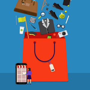 商業(yè)概念手機購物在線電子商務。目前由商家咨詢屏幕。矢量插圖